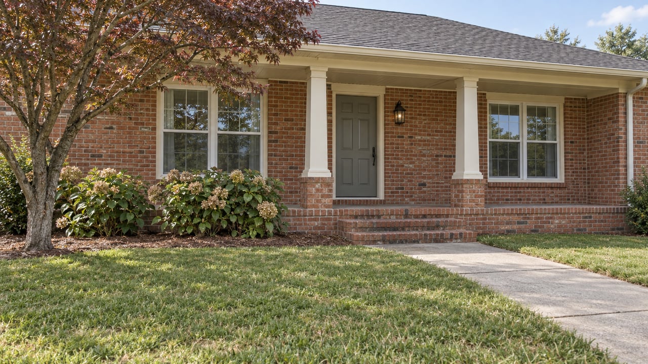A single-story red-brick home with an ivory-trimmed covered porch, broad lawn and mature flowering dogwood.
