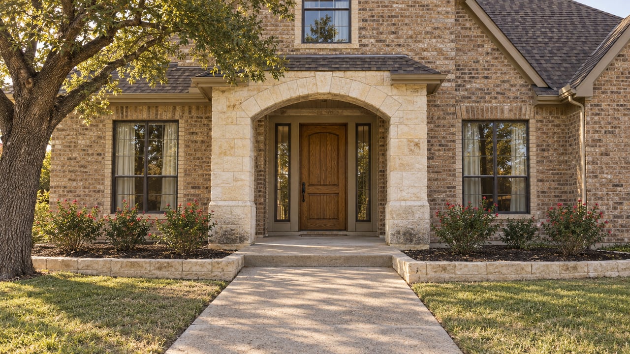 Brick house entrance with an arched limestone surround, oak door, flanking windows, and red salvia beds.