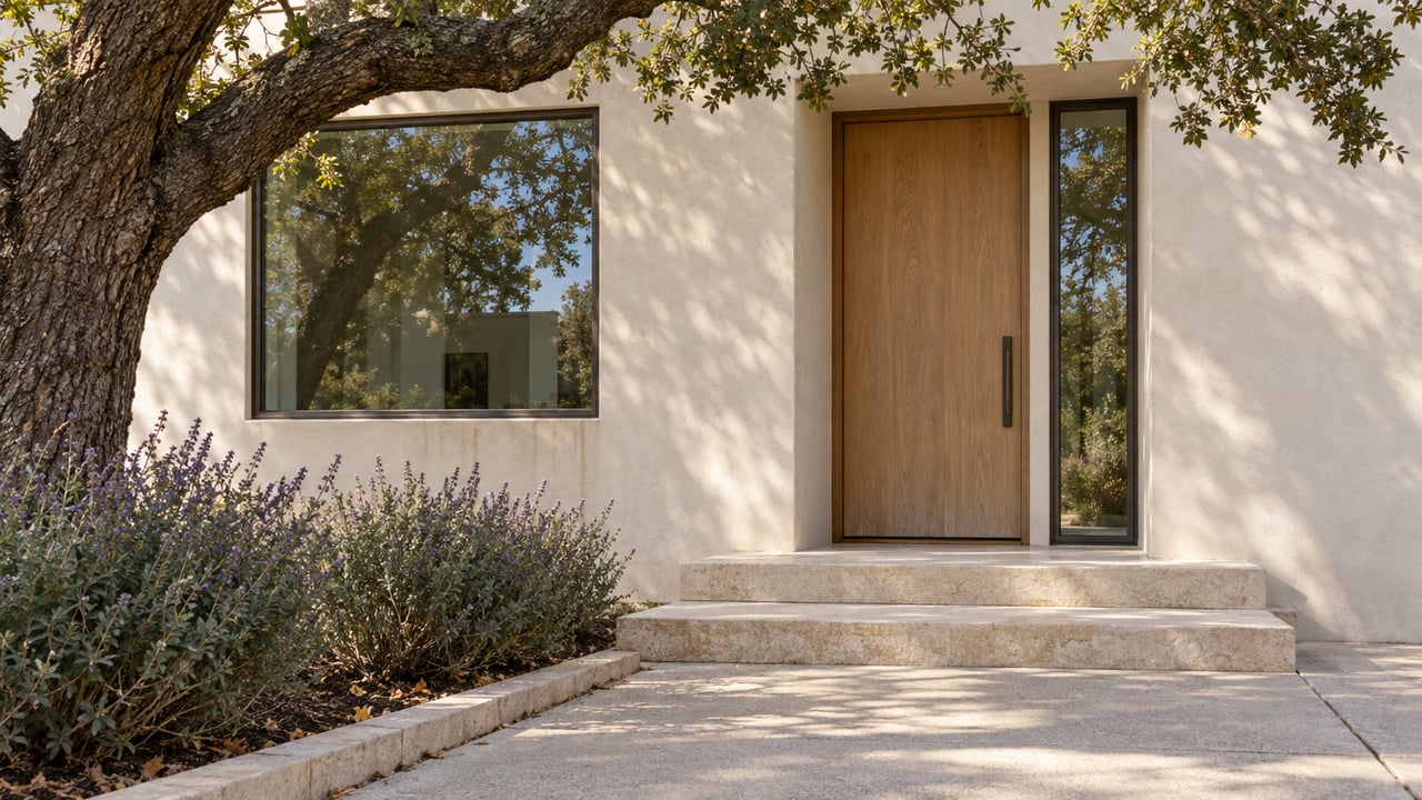 Recessed oak entry door between glazed openings, with limestone steps and violet-blooming sage beneath an oak canopy.