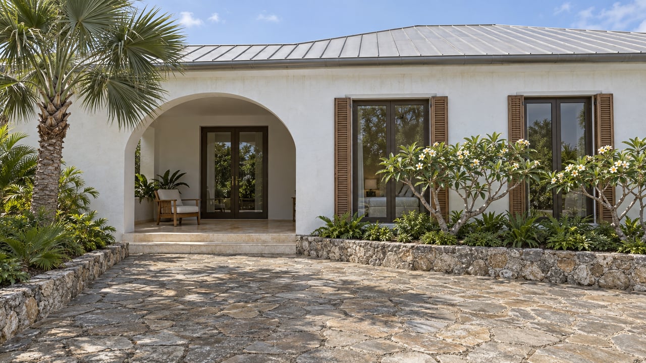 White hillside villa with a silver pitched roof, arched veranda, teak shutters and a broad stone arrival court bordered by palms and flowering trees.