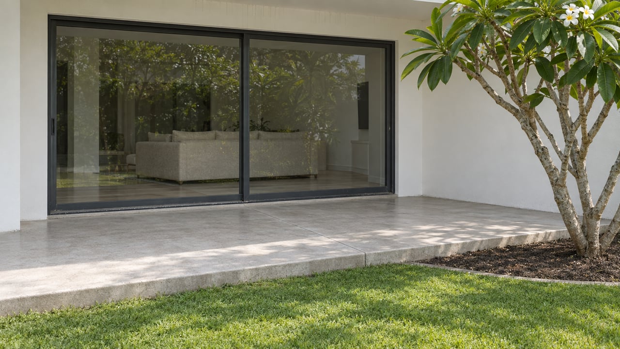 A sheltered concrete lanai meets a small garden beside closed sliding glass doors, with pale wood flooring visible inside and a branching plumeria at the edge.