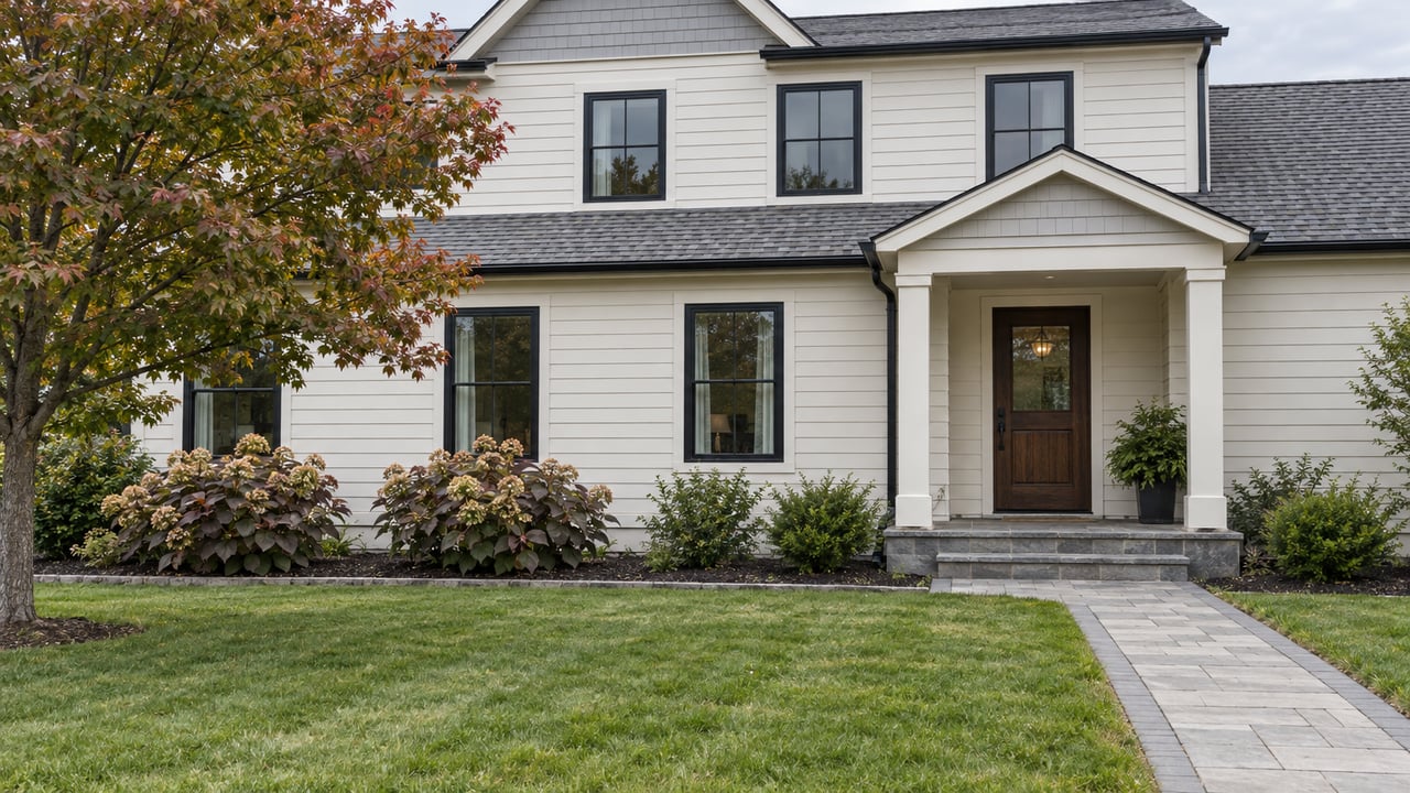 Ivory-sided two-story home with black-framed windows, a stone entry porch, autumn hydrangeas and a broad green front lawn.