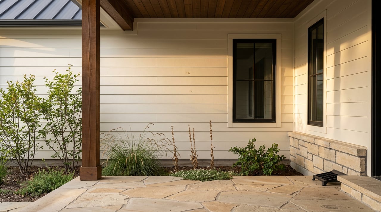 Covered patio with buff flagstone, a stained timber post, white siding, and native grasses beside the house.