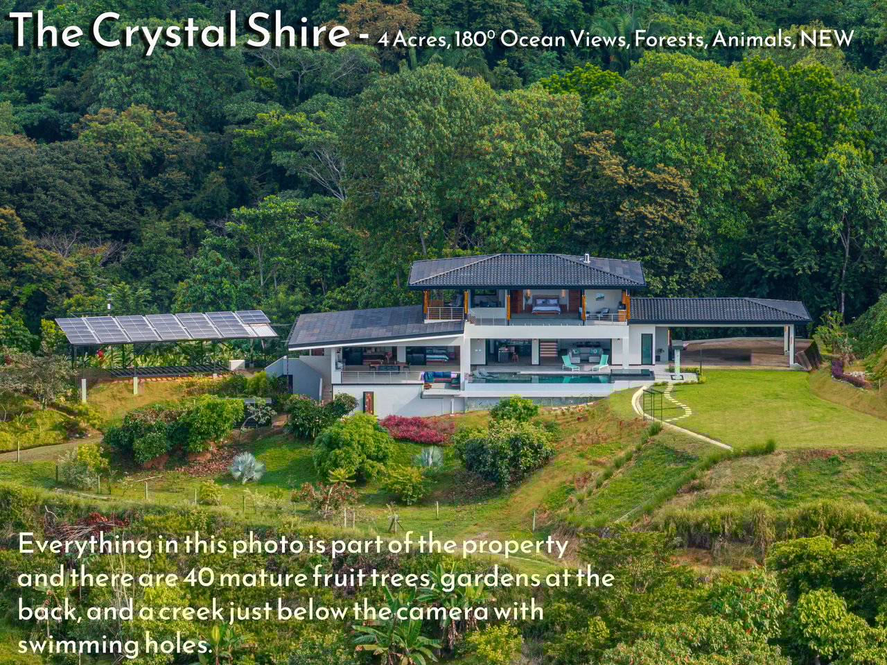 4 ACRES – 3 Bedroom Home “The Crystal Shire” With Wide Ocean View, Creek, Solar Power, Fine Craftsmanship, Self Sufficiency!!