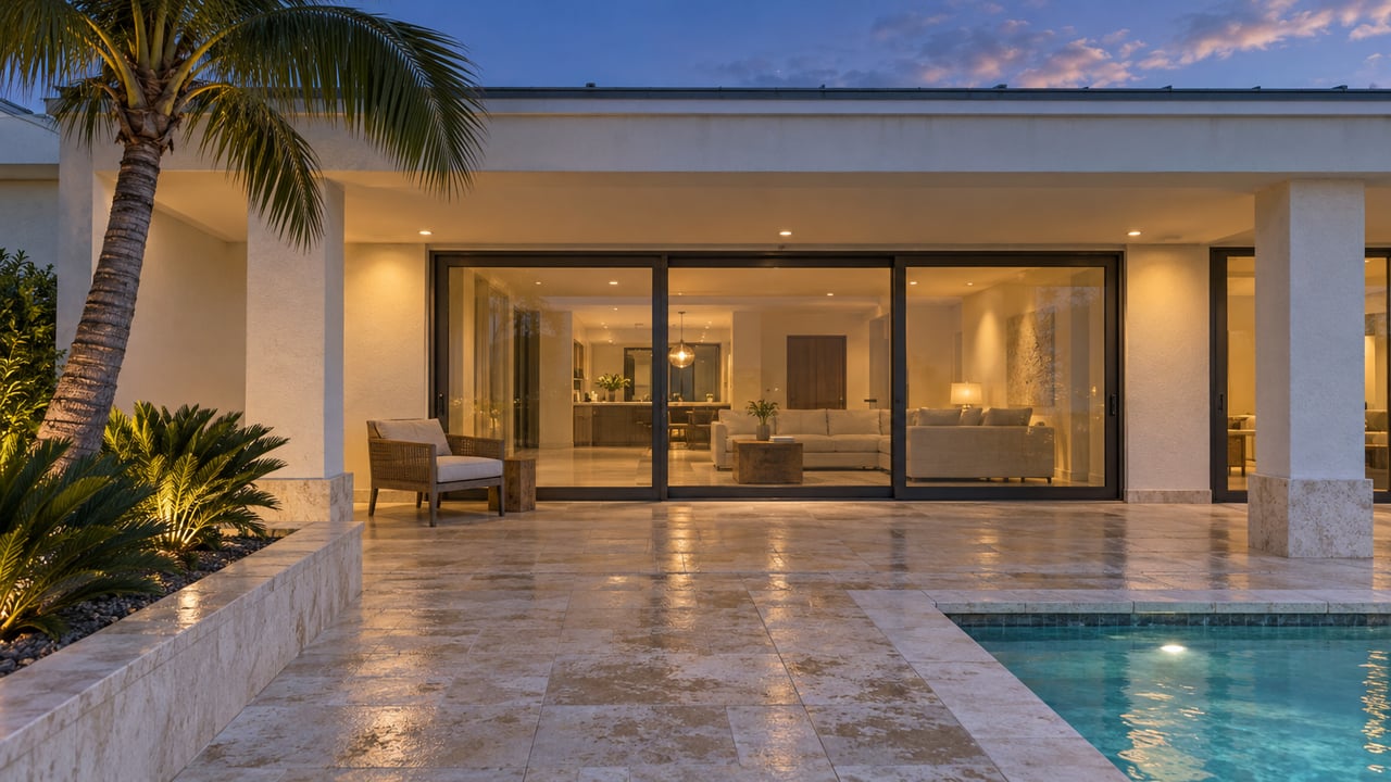 Covered limestone terrace with a small pool, coconut palm, and warmly lit rooms behind closed glass doors at dusk.