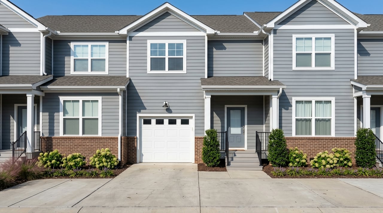 Three-bay gray townhome frontage with a central garage, raised stoop, and neatly planted shrubs.