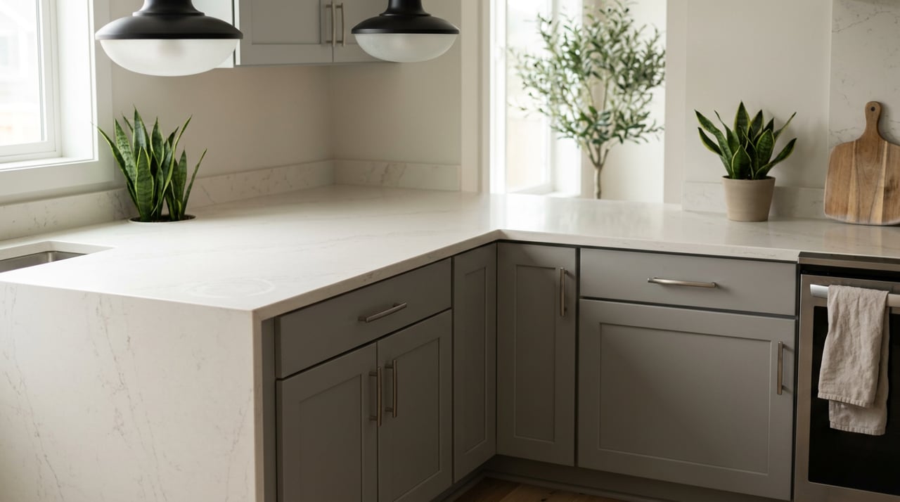 Warm white quartz waterfall island with gray shaker cabinets, a small snake plant, and a worn cutting board.