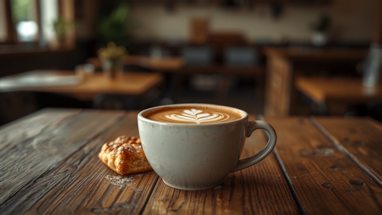 Latte with leaf-shaped foam art and a flaky pastry on a rustic café table.