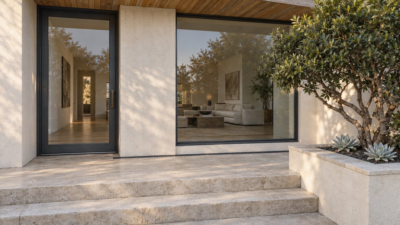 Pale stucco and cedar frame a glazed coastal home's entrance above limestone steps, beside a raised planter with sculptural foliage.