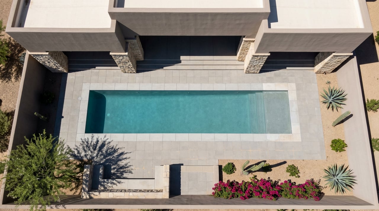 Overhead desert courtyard with a rectangular turquoise pool, stone terrace, built-in benches, agaves, and magenta bougainvillea.
