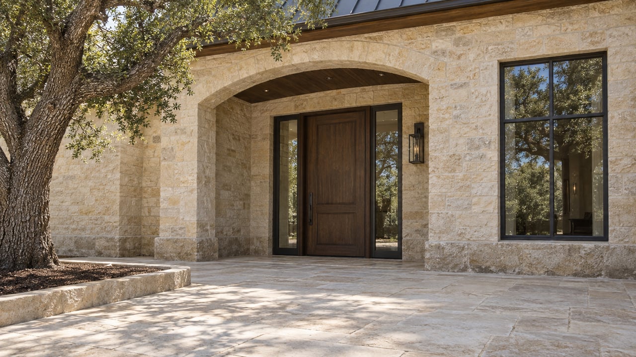 Limestone estate entrance with a dark oak door, paired glass sidelights and broad stone terrace beside a mature live oak.