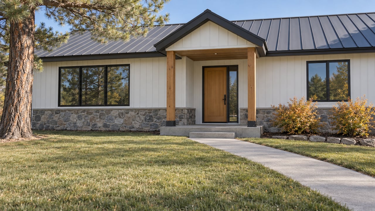 Light-sided gabled home with black-framed windows, a timber entry porch, and a deep autumn lawn beside a mature pine.