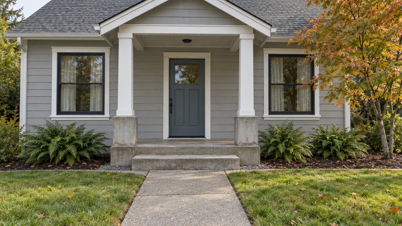 Light-gray cottage entry with paired windows, a concrete approach, an amber-leaved vine maple, and sword ferns.