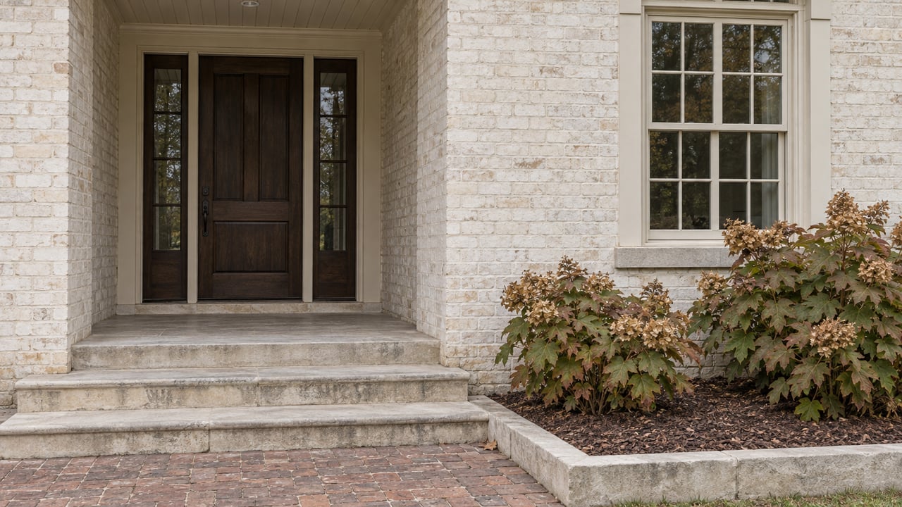 Painted brick home entry with an oak door, paired sidelights, limestone steps and oakleaf hydrangeas beneath a divided-light window.