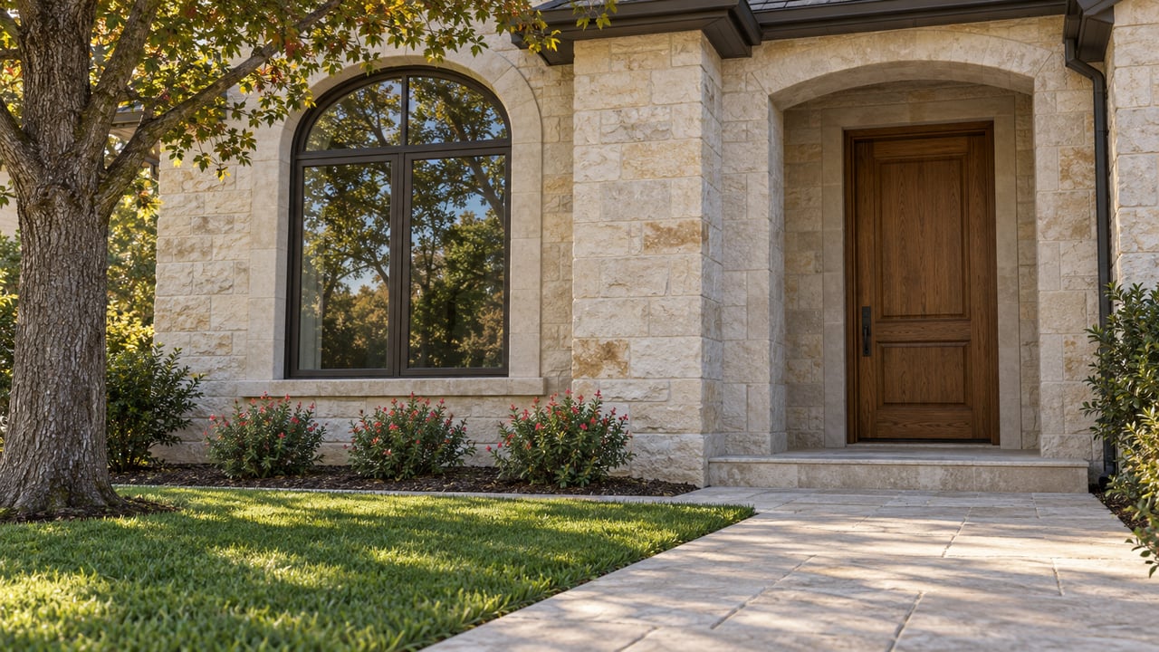 Cream limestone home with a tall arched window, recessed oak entrance and stone approach beside a mature oak and clipped lawn.