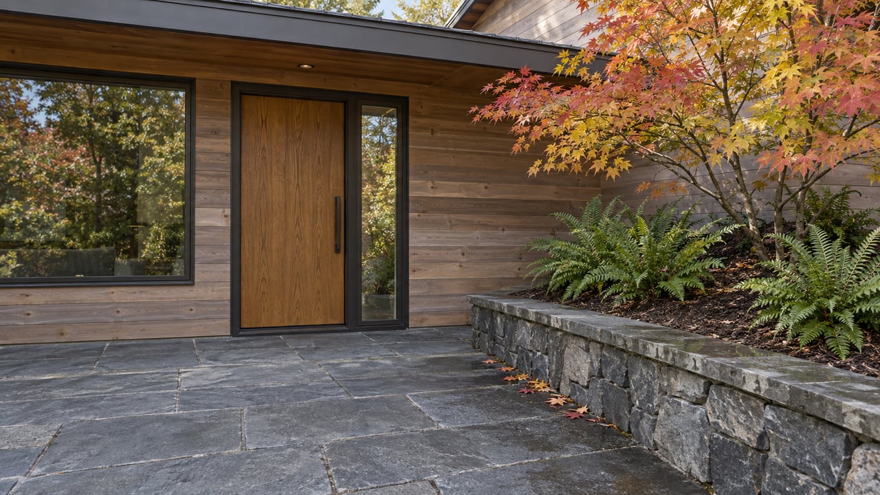Cedar-clad home entry with bronze-framed windows, a basalt landing and retaining wall, and an autumn vine maple above sword ferns.