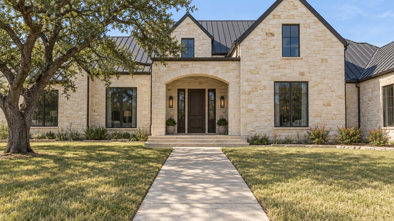 Limestone home with an arched entry, dark metal gables, a deep front lawn and a spreading live oak in afternoon light.