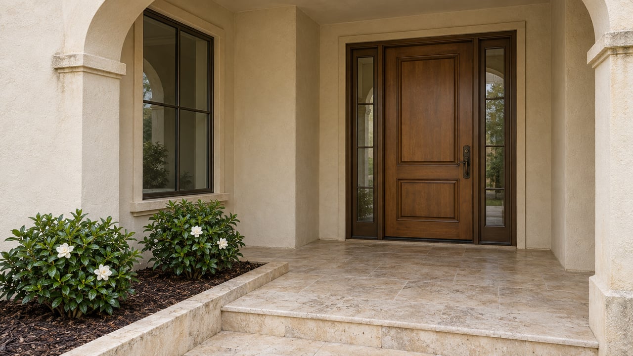 An ivory stucco arched entry shelters a wood front door with bronze-framed sidelights, a limestone landing and two flowering gardenia shrubs.