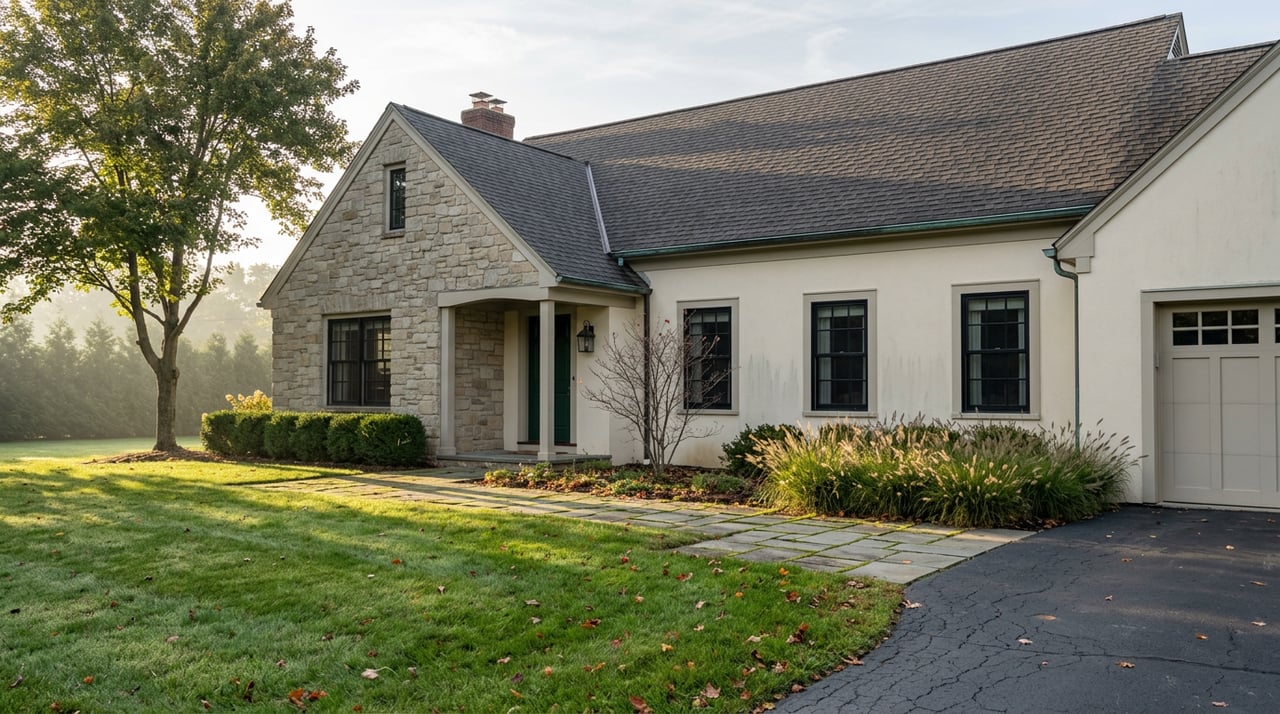 Detached cream stucco home with a stone gable, green entry door, broad lawn, and evergreen screen.