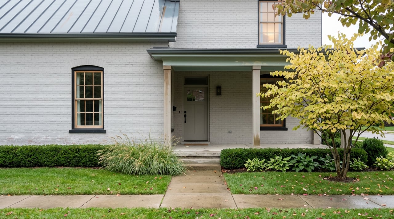 Gray-painted brick residence with a covered porch, arched window, and yellowing redbud leaves.