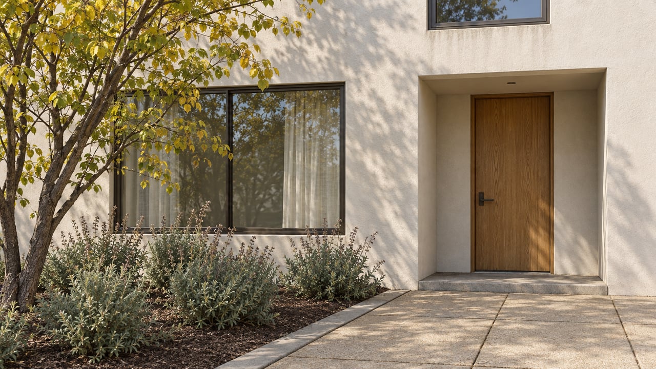 Contemporary stucco home entrance with an oak door, bronze-framed windows and a small landscaped approach in late-morning light.