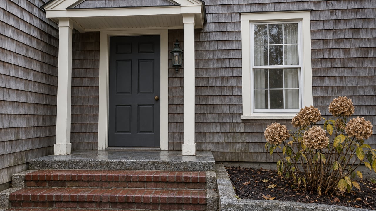 Weathered cedar-shingle home entrance with a charcoal door, paired ivory portico posts, brick steps, and dried hydrangea flowers under soft autumn light.
