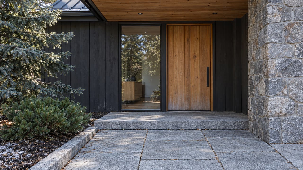 Late-autumn sunlight crosses a granite approach to a sheltered timber entry, beside charcoal siding, stone masonry and blue-green conifers.