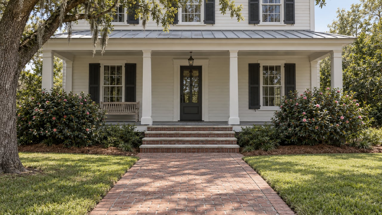 Ivory clapboard home with paired dark shutters, a raised covered porch and brick approach beneath a spreading live oak.