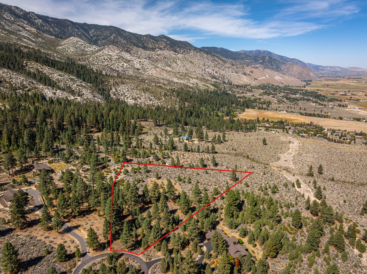 Aerial view of a wooded land parcel outlined in red, with mountain terrain beyond.