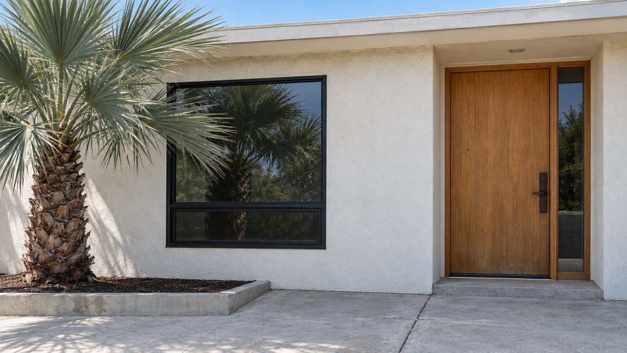 Off-white stucco entry with an oak door, black-framed window, and silver-blue fan palm.