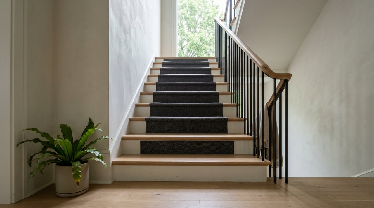 White oak staircase with charcoal runner, black steel balusters, and a potted fern beneath a landing window.