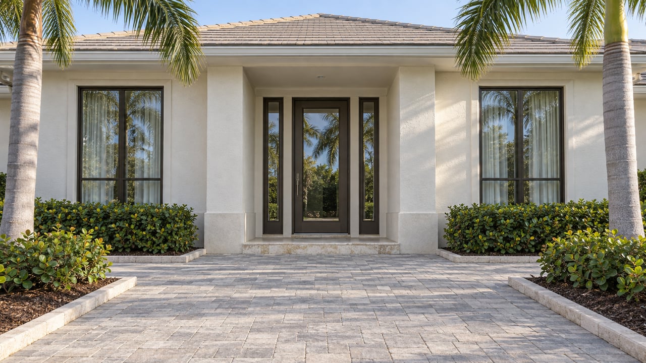 Sunlit pale stucco home with a tiled hip roof, bronze-framed entry glazing, stone approach and two sculptural palms.