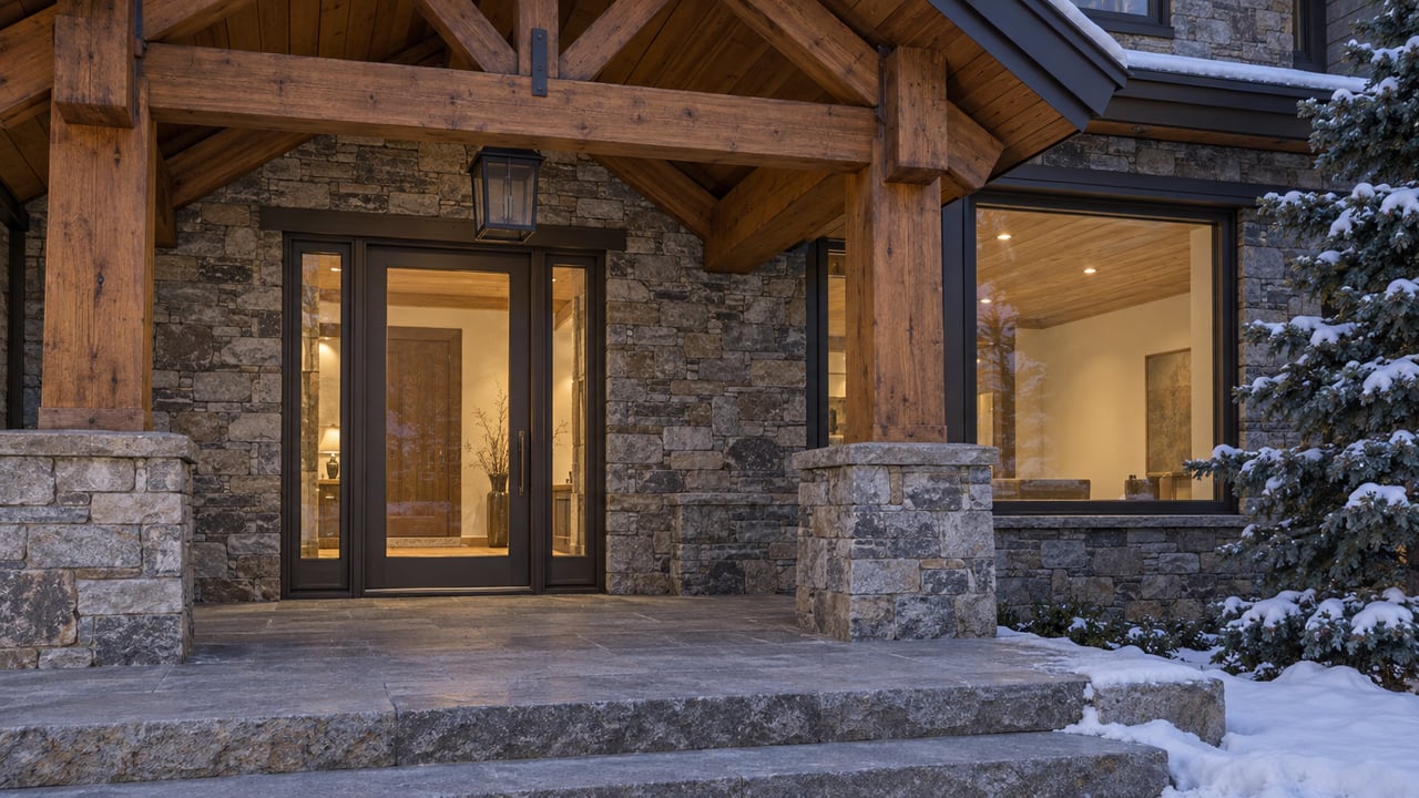 Winter twilight on a timber-and-stone home's sheltered entry, with warm light behind closed glass and snow beside the granite landing.