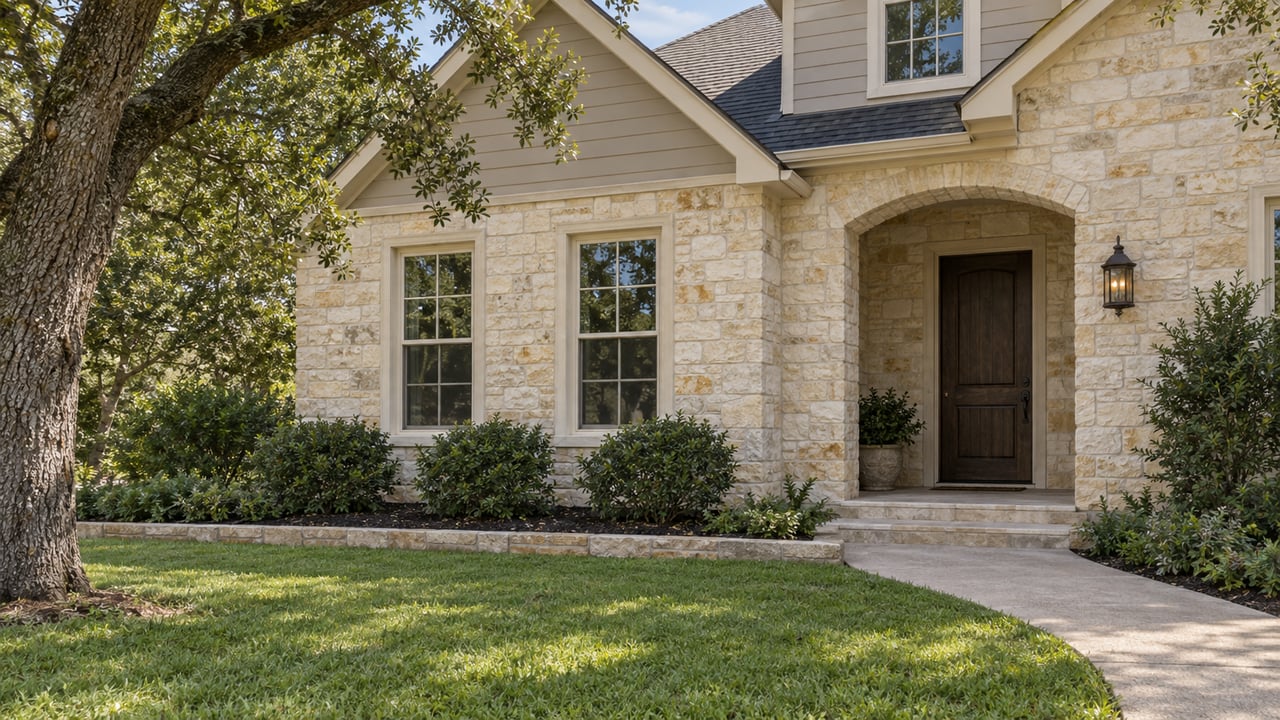 Stone-and-siding home with an arched oak entry, paired windows and a deep green front lawn beneath a mature live oak.