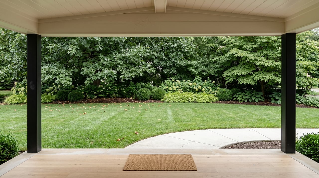Covered porch frames a broad lawn, curved concrete walk, canopy trees, and a planted bed.