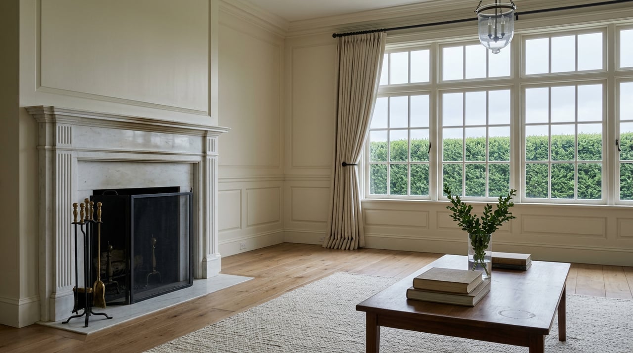 Formal sitting room with a white marble fireplace, walnut coffee table, and boxwood visible through divided-light windows.