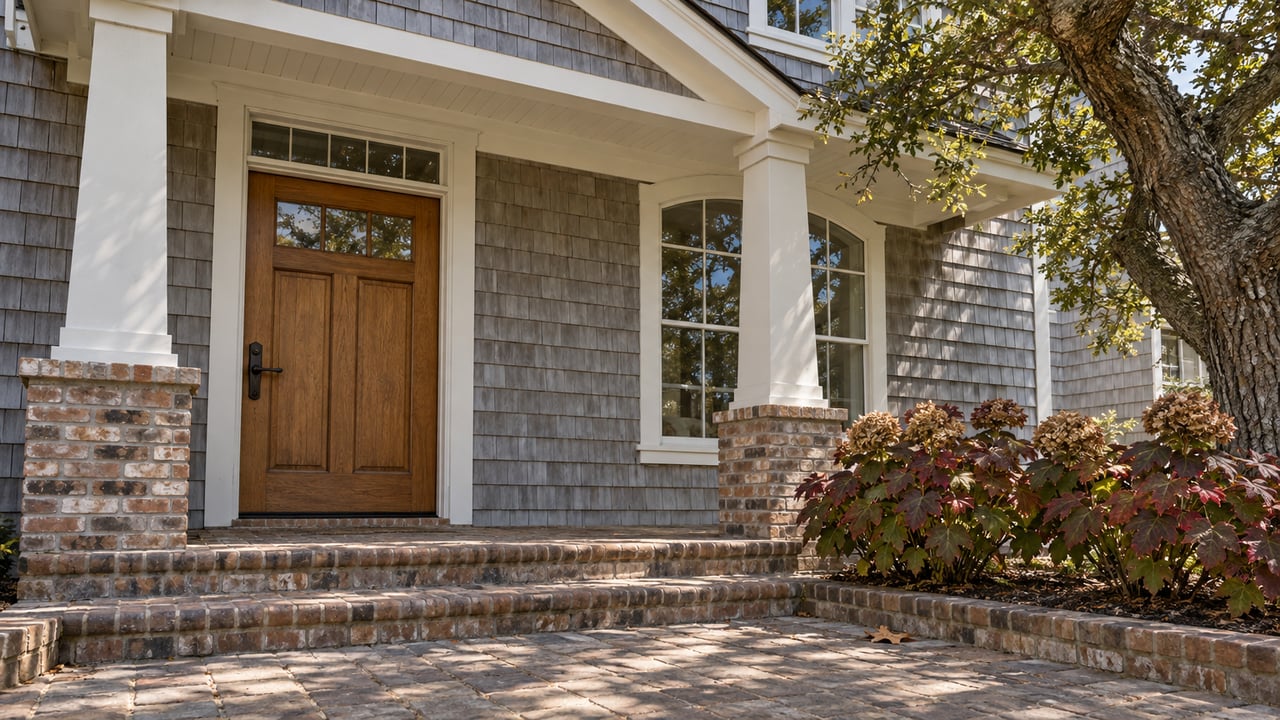 Cedar-shingled home entry with an oak door, brick steps, live oak canopy and autumn oakleaf hydrangeas.