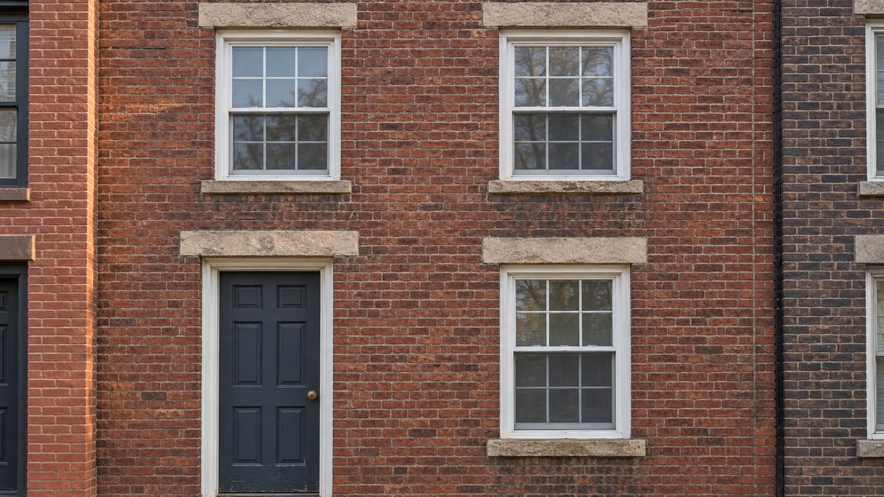 Two-story red-brick rowhouse with a blue door, pale stone lintels, and a two-step stoop.
