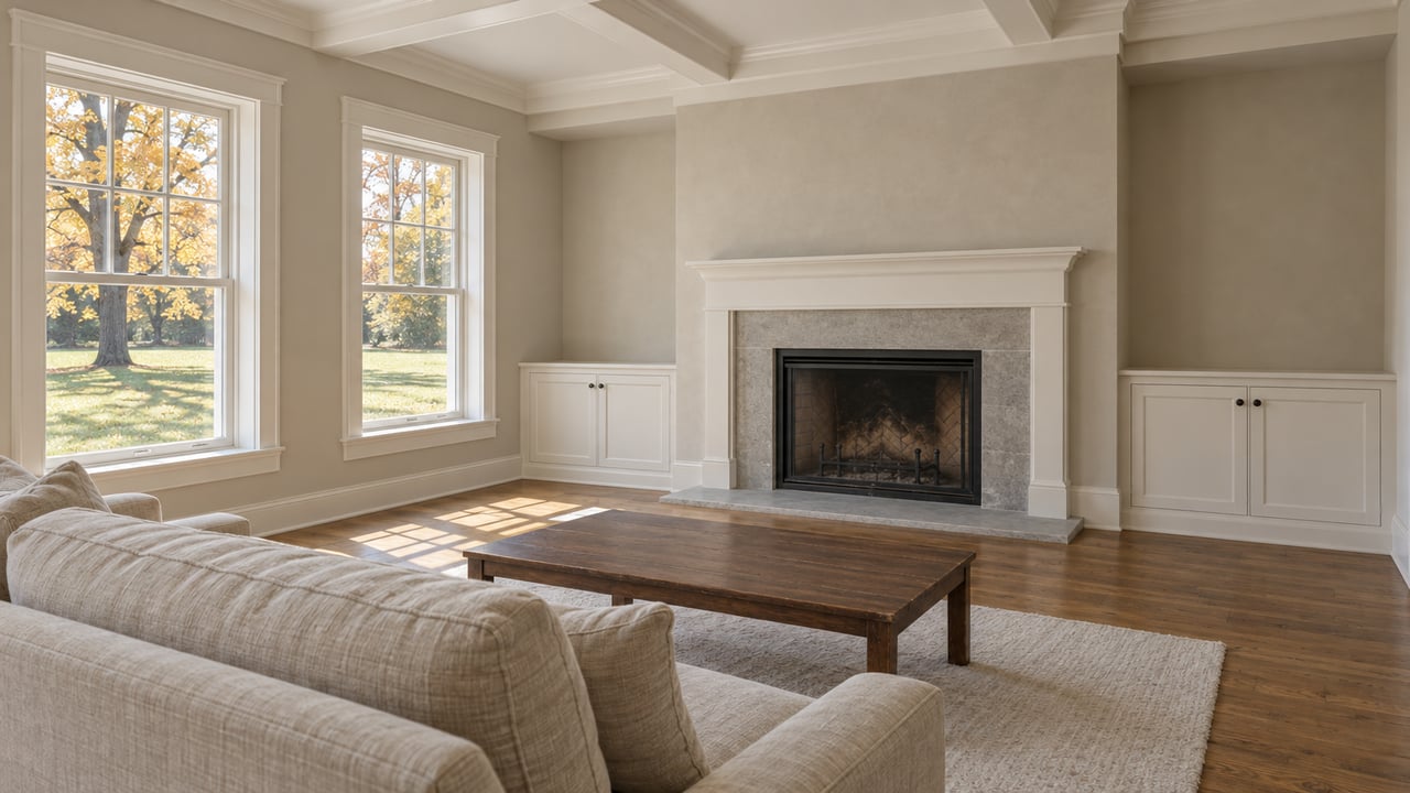 Daylit traditional living room with oak floors, a limestone fireplace, white millwork, and autumn lawn views through closed windows.
