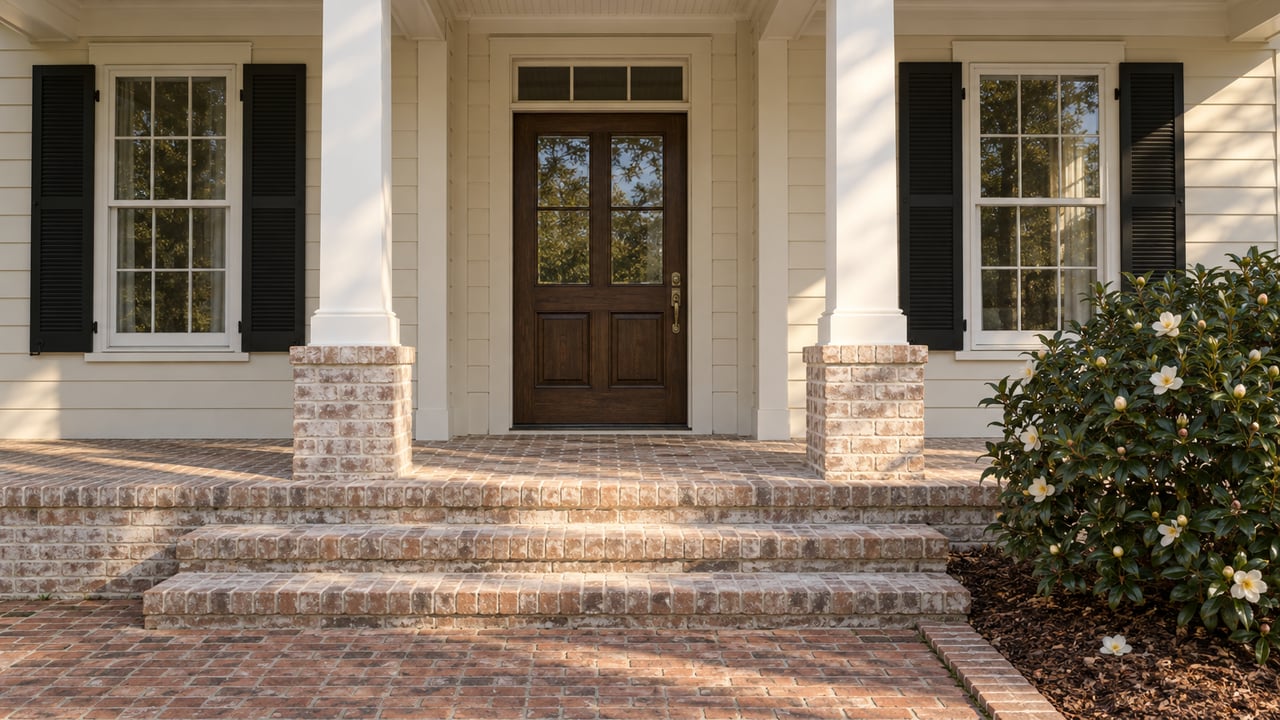 Cream-sided home entrance with a dark oak door, paired shuttered windows, broad weathered brick steps and an ivory-flowering camellia.