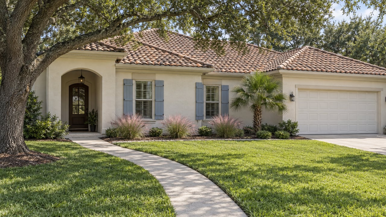 Ivory stucco home with arched entry, blue shutters, two-car garage, and curved walk across lawn.