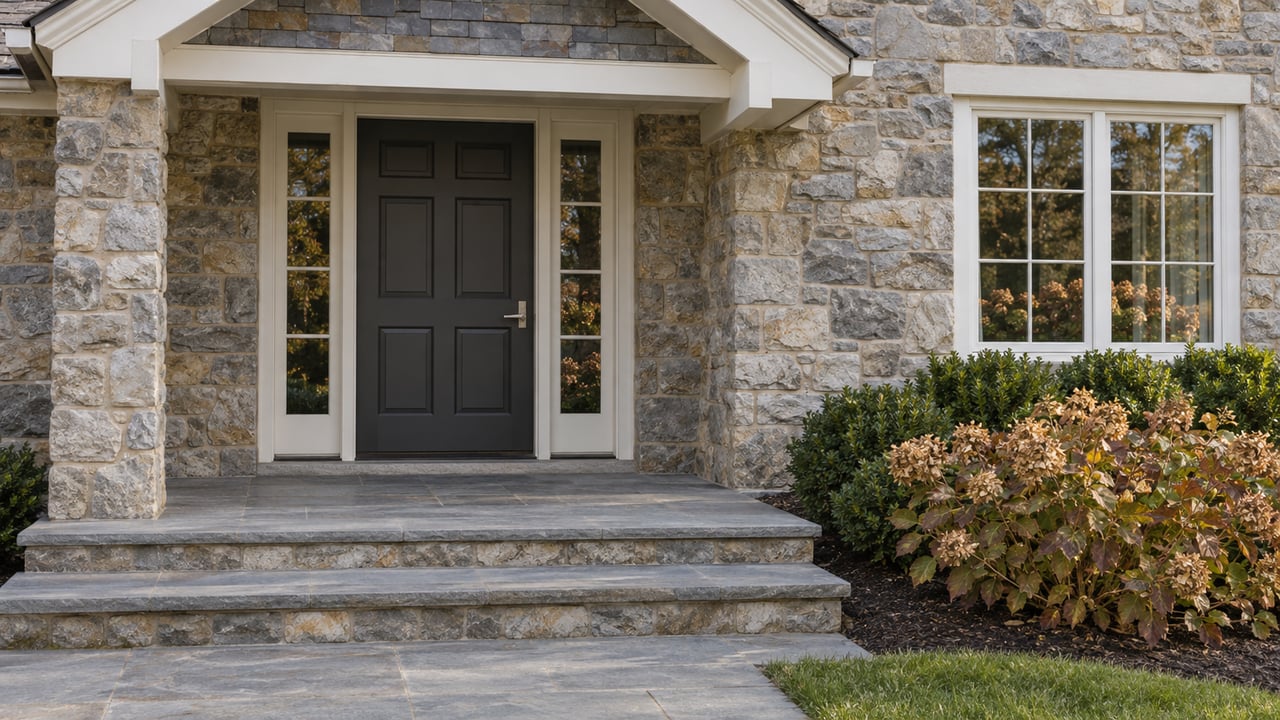 Fieldstone home entry with a charcoal door, paired sidelights, bluestone steps and oakleaf hydrangea.