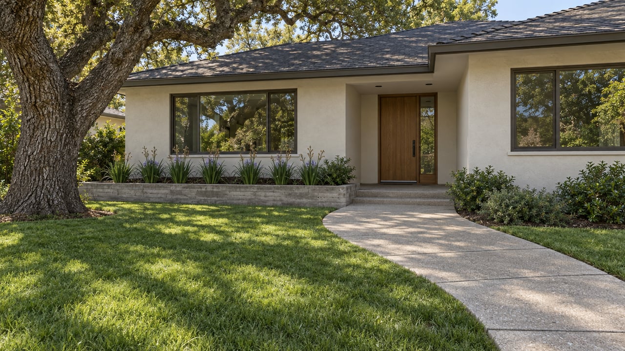 Refined single-story stucco home with bronze-framed windows, an oak entry door, a deep lawn, and a mature spreading oak.