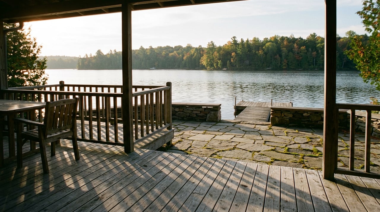 Cedar porch frames a stone patio and low retaining wall overlooking a calm lake and tree-lined shore.