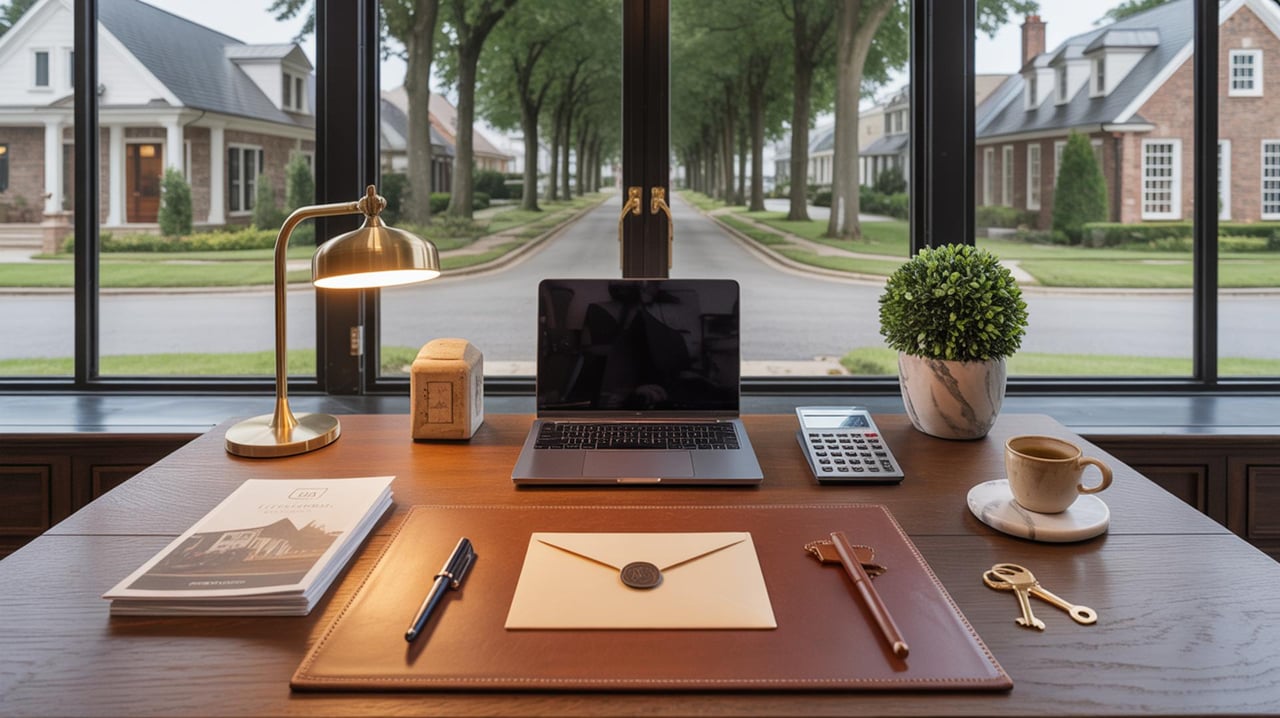 A polished desk with laptop, brass lamp, letter, and keys faces a tree-lined residential street.