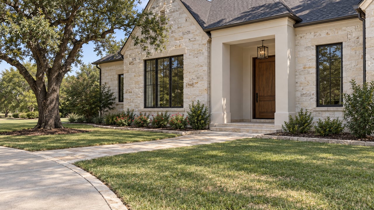 Sunlit limestone and stucco home with a sheltered oak entry door, bronze-framed windows, a deep lawn and a mature spreading oak.