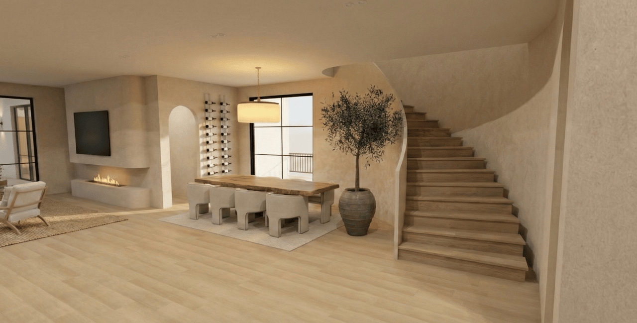 Modern dining area with a curved staircase, pale wood floors, and a linear fireplace.