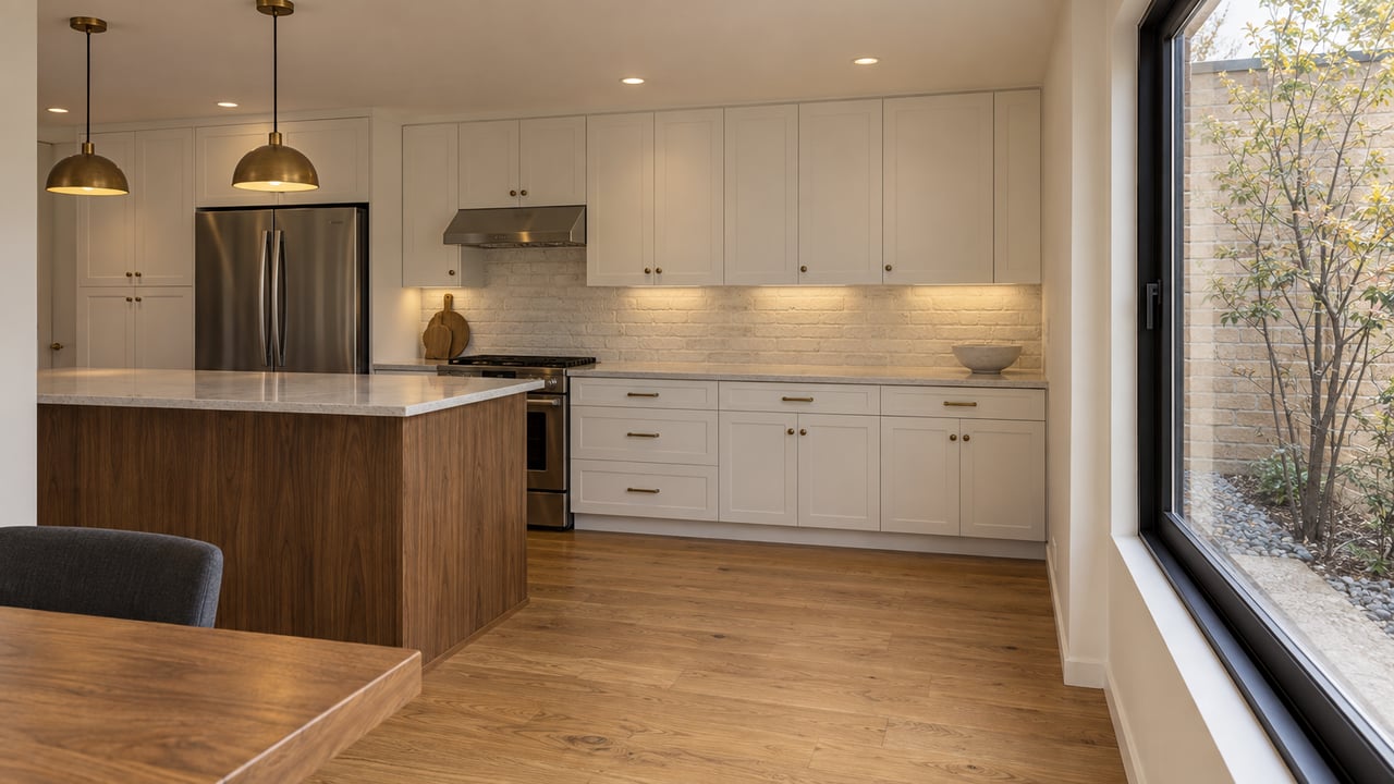 Updated kitchen with white cabinets, walnut peninsula, oak floors, and a black-framed window overlooking a brick wall.