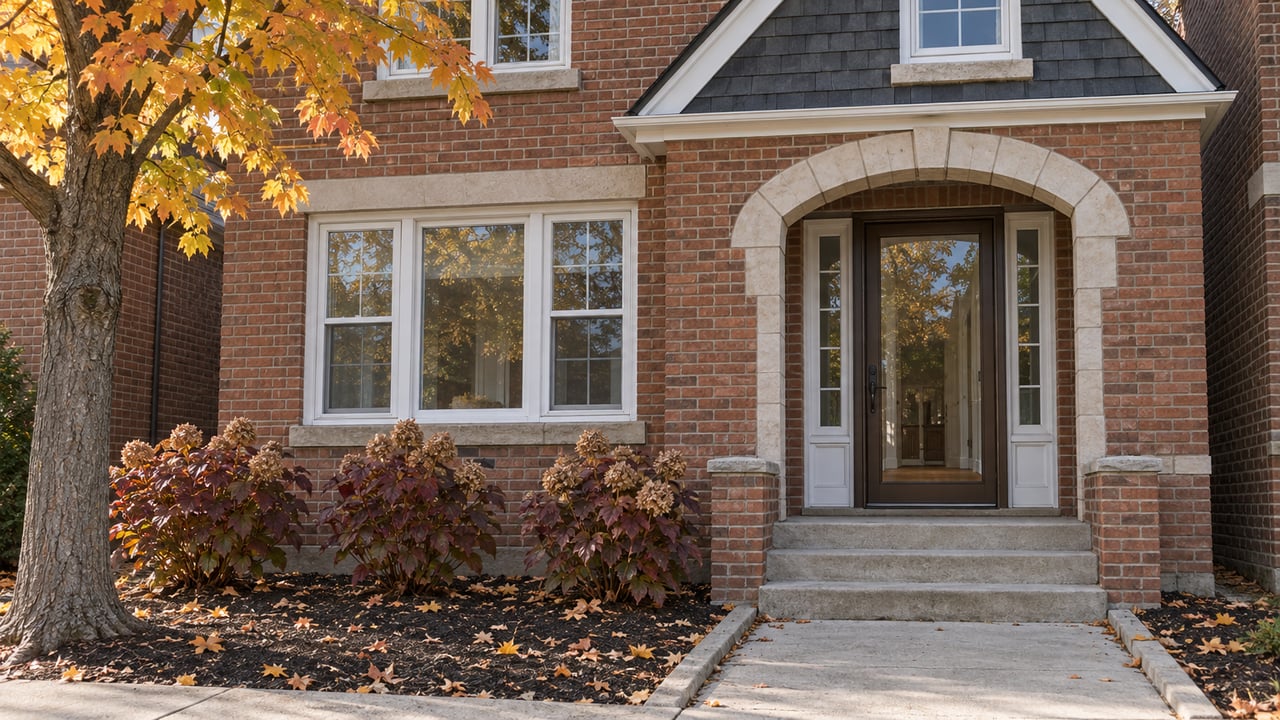 Autumn light on a red-brick home's limestone-arched entry, concrete approach, and small planted front setback.