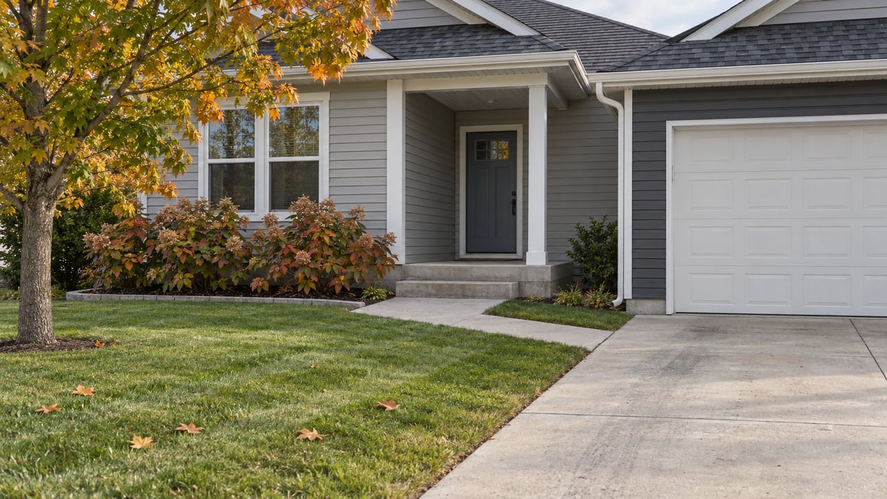 Light-gray single-family home with dark gabled shingles, a recessed blue front door, concrete approach, and a front lawn with autumn maple leaves.